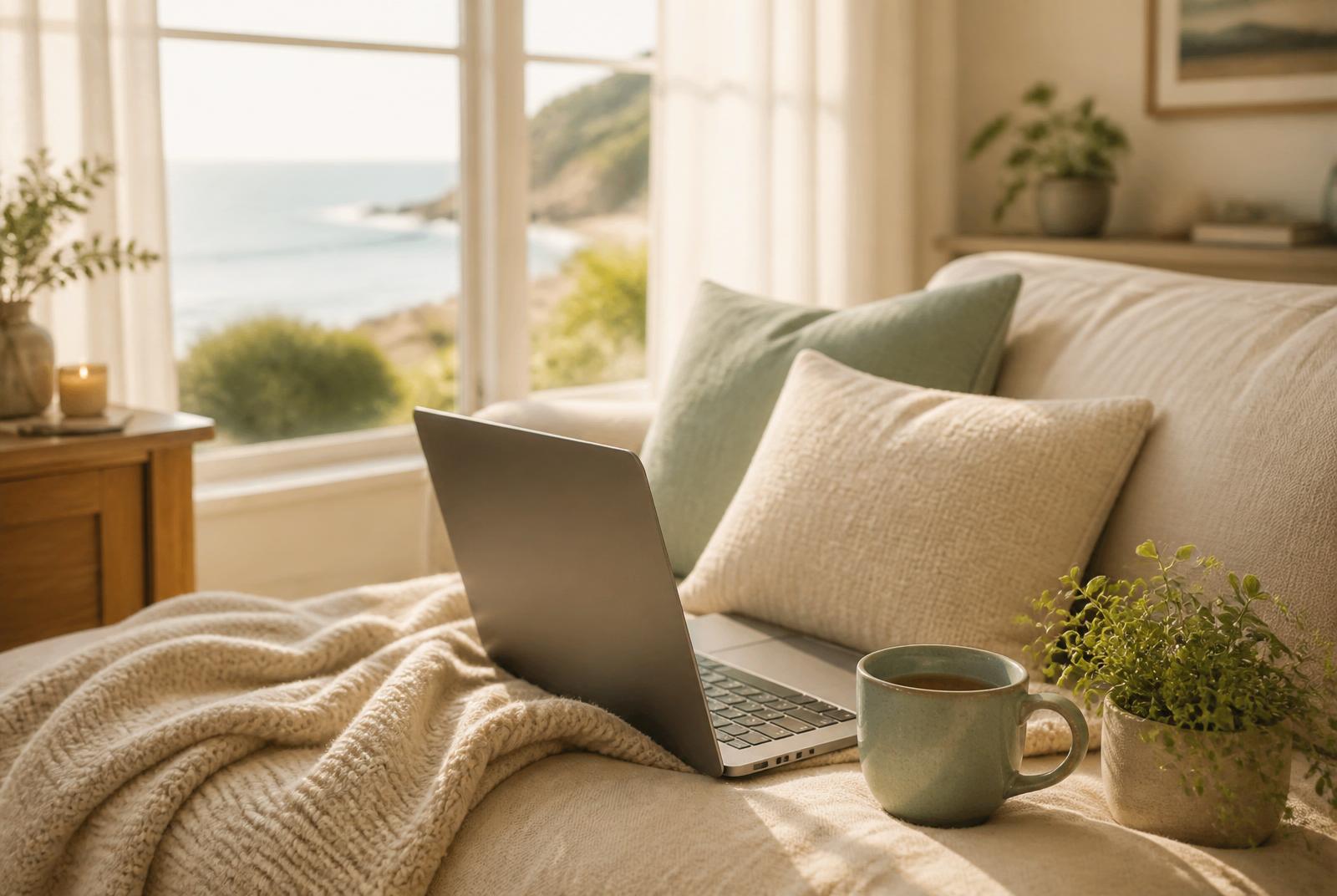 A laptop and a warm cup of tea on a cozy sofa by a sunlit window overlooking the coast, set up for a telehealth therapy session